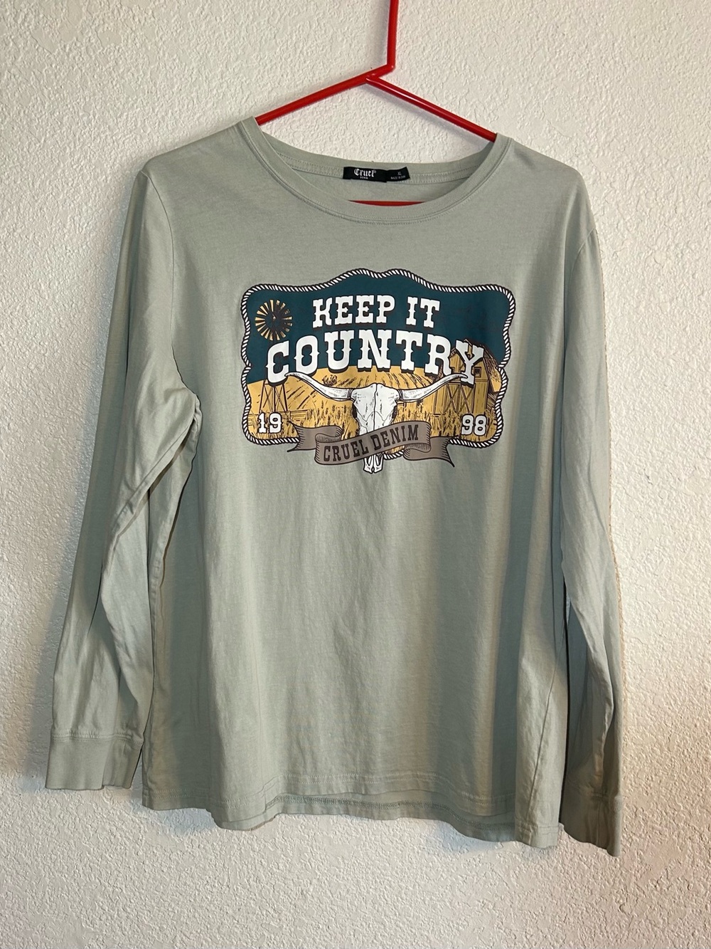 Cruel Denim Sage Green Long Sleeve 'Keep It Country' Graphic Tee